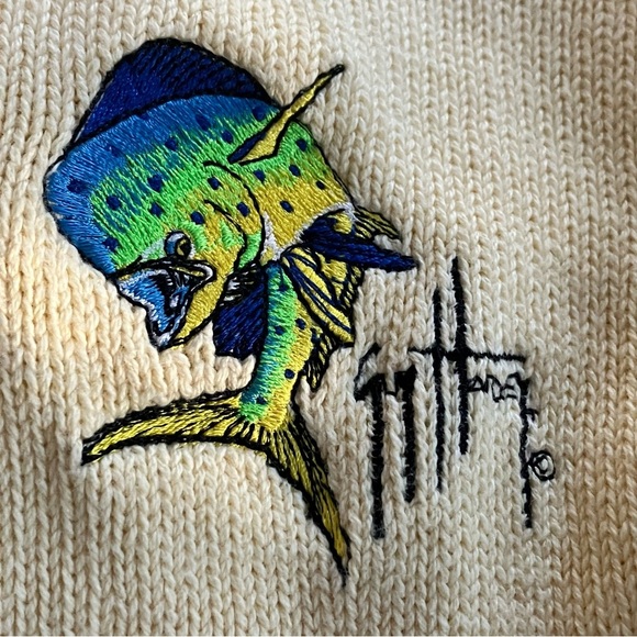 VINTAGE Andrew‎ Rowan Cotton Fisherman Sweater Large Guy Harvey Fish Logo - Picture 3 of 4